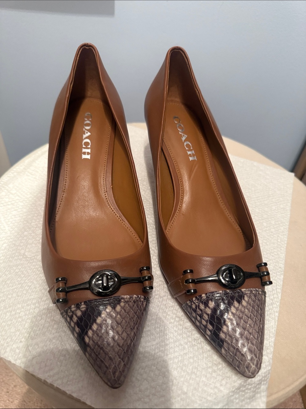 COACH Tan Leather Pointed Flats with Snake-Print Toe